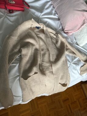 UK2LA Beige Open-Front Knit Cardigan Sweater